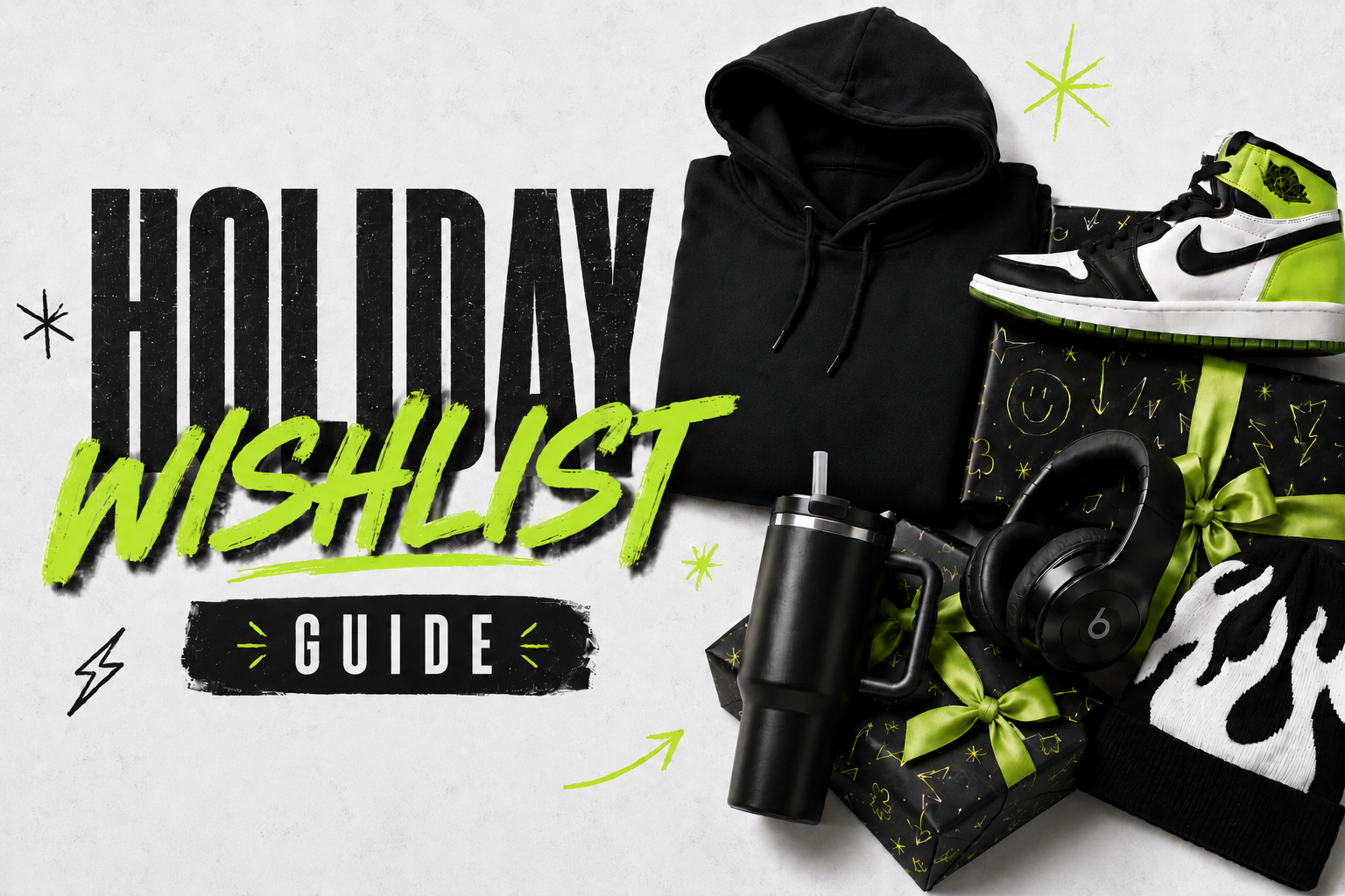 Holiday Wishlist Guide — lime gift boxes, headphones, sneakers, hoodie, and a water bottle on a clean white background