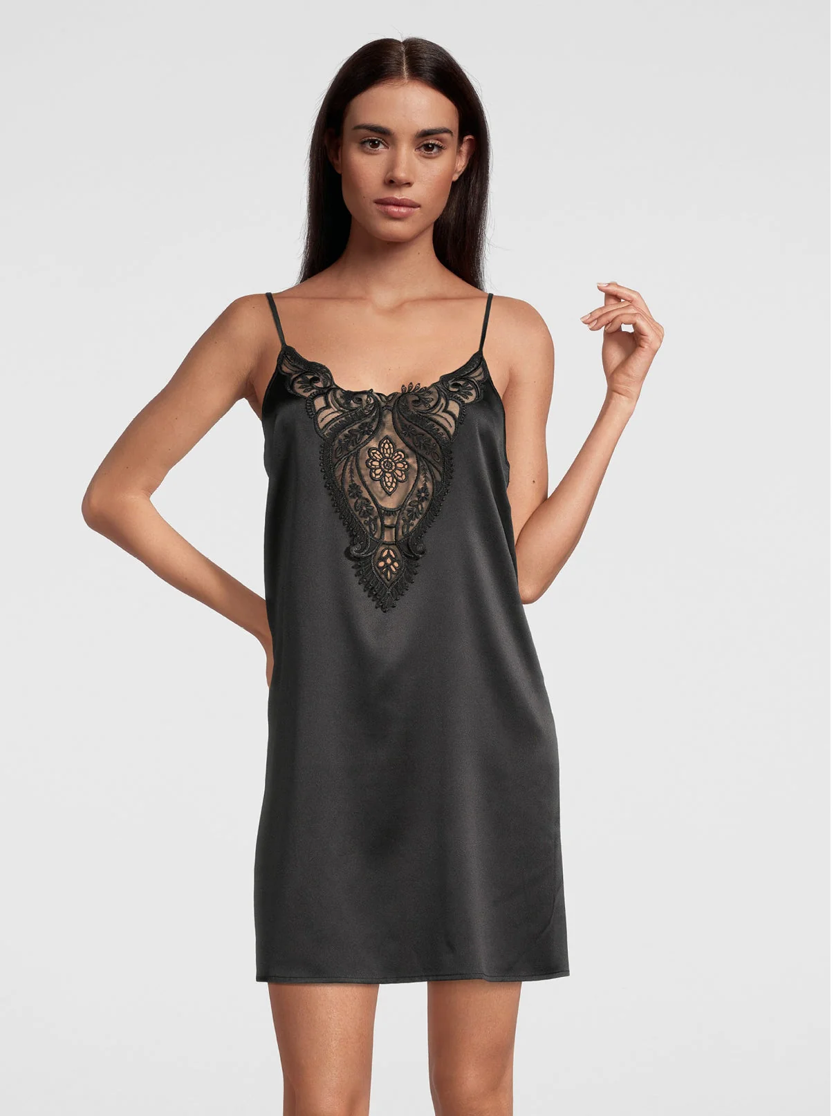 Slip dress stretch silk satin with macramè 10340
